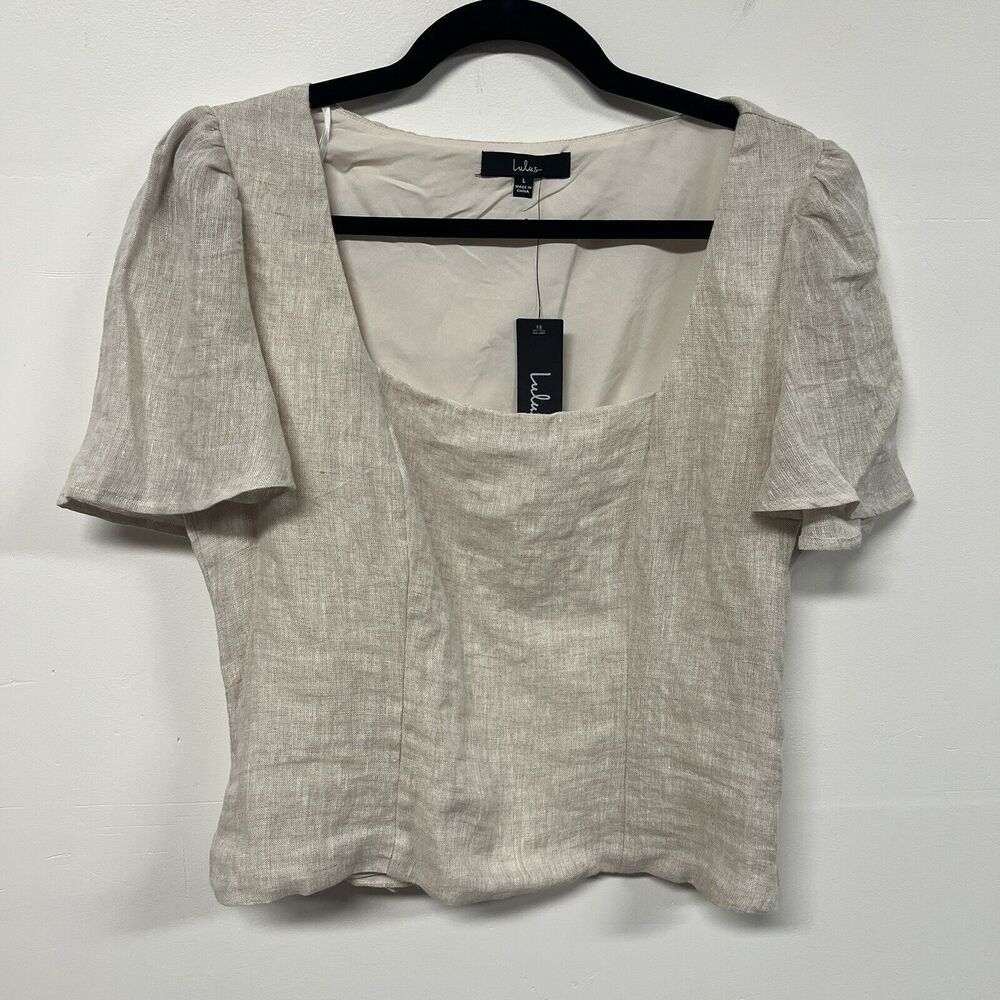 Lulus Square Neck Linen Top Womens Size L Cream Cropped Flutter Sleeve Lined